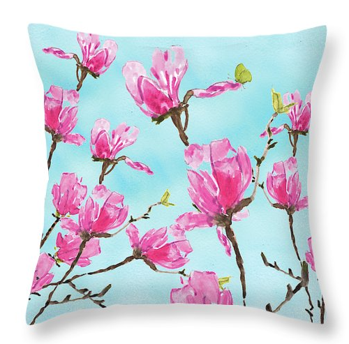 Cherry Blossom throw pillow with a sky blue background