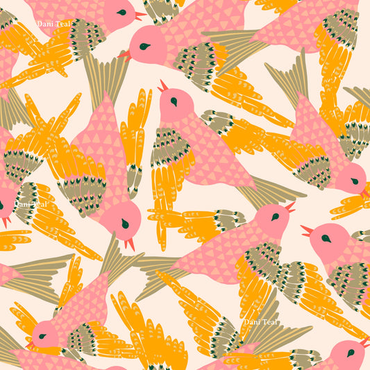 Bird Chaos fabric in pink and yellow by the metre
